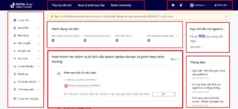 Biểu báo giới hạn đơn hàng trên TikTok Shop Seller Center