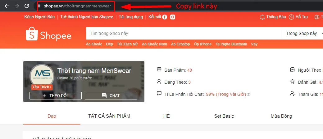 Copy link gian hàng Shopee