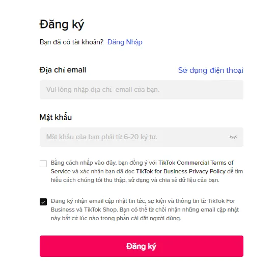 Đăng ký tài khoản quảng cáo bằng email/số điện thoại