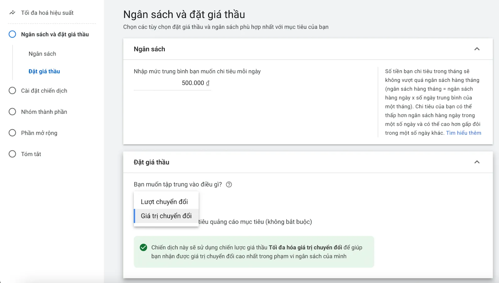 Đặt ngân sách và giá thầu