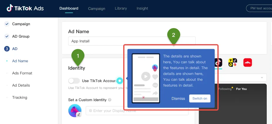 Giao diện bật tính năng Spark Ads trong trình quản lý