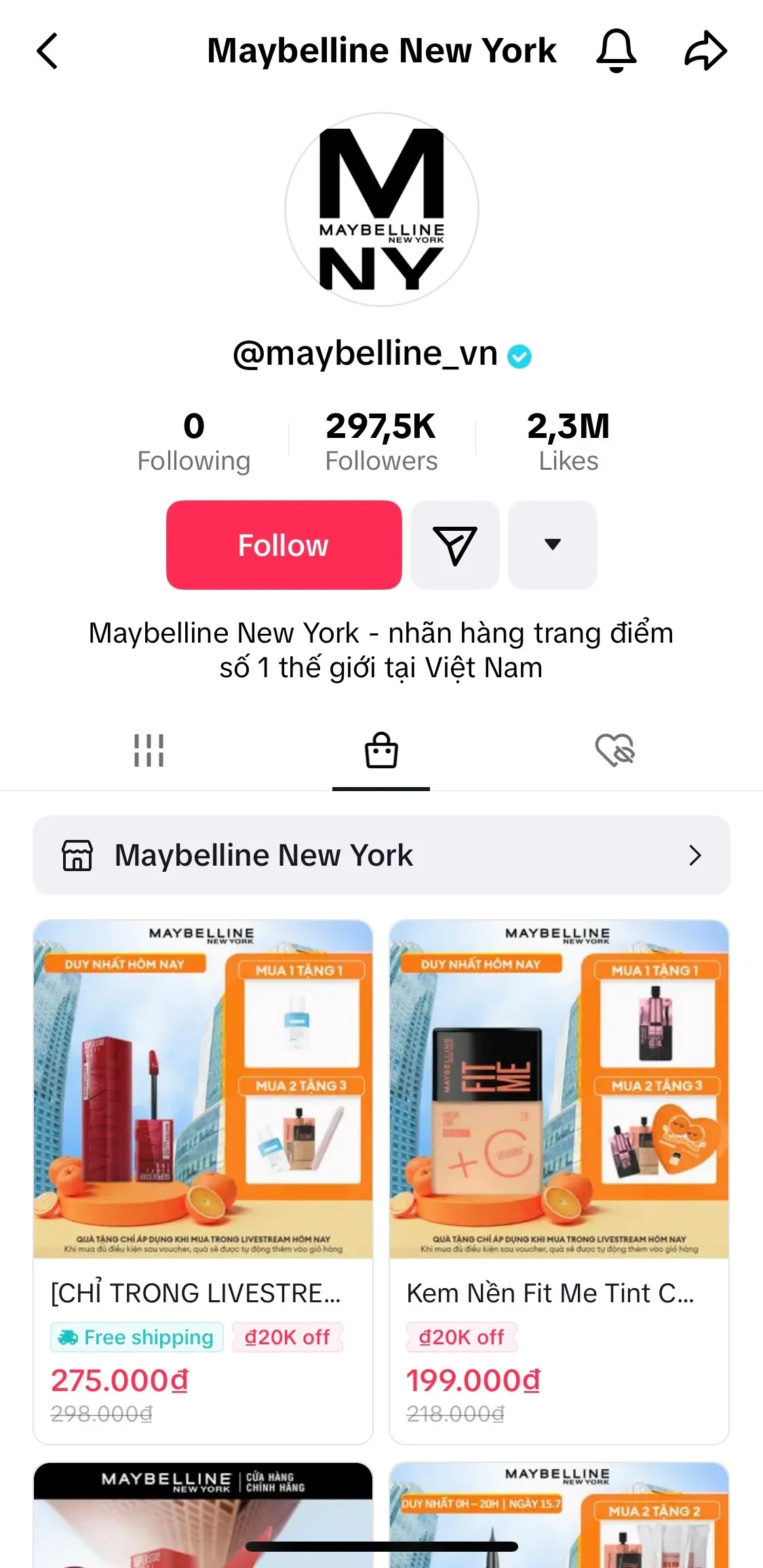Giao diện cửa hàng TikTok Shop chuyên nghiệp của Maybelline