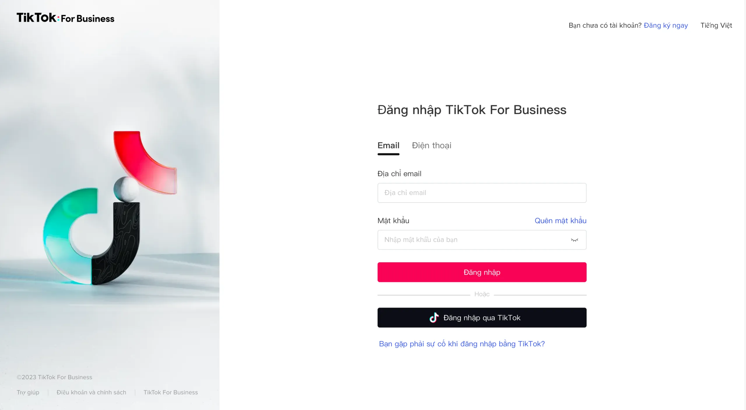 Giao diện đăng ký tài khoản quảng cáo cá nhân trên TikTok