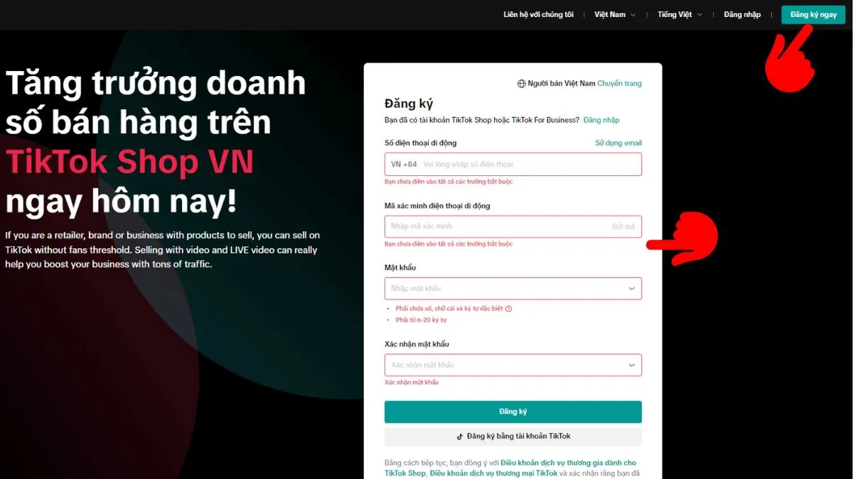 Giao diện đăng ký tài khoản TikTok Shop Seller Center