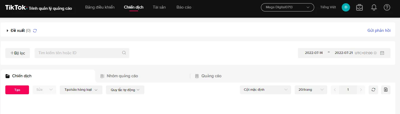 Giao diện quản lý danh sách chiến dịch quảng cáo TikTok