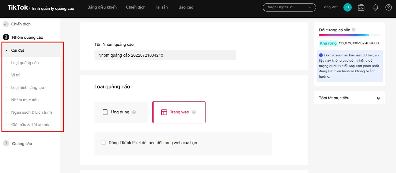 Giao diện thiết lập cấp độ nhóm quảng cáo chi tiết