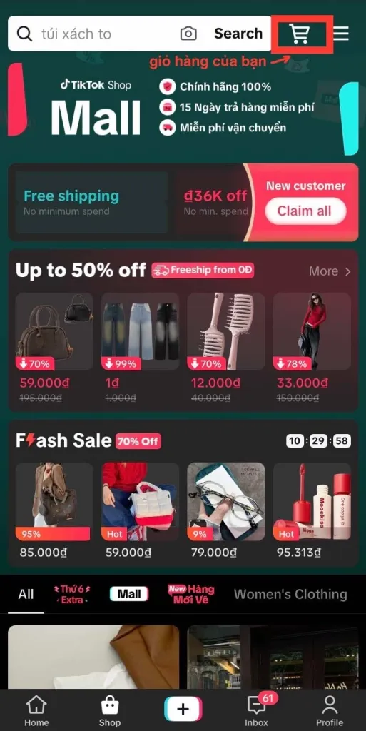 Giao diện tính năng giỏ hàng TikTok giúp tăng tỷ lệ chuyển đổi