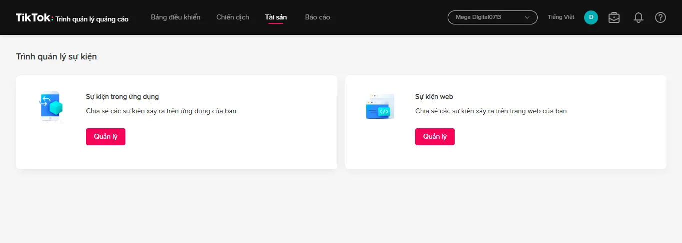Giao diện trình quản lý sự kiện và cài đặt Pixel