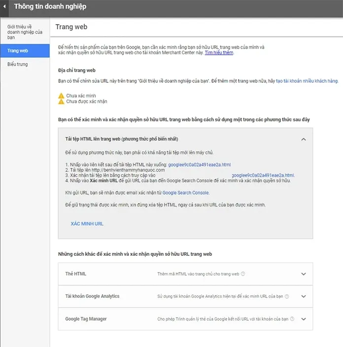 Màn hình xác minh quyền sở hữu trang web trong GMC