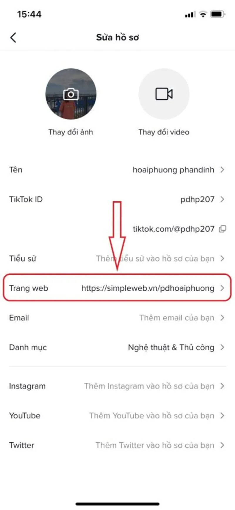 Minh họa lỗi không hiển thị mục thêm trang web trong Bio