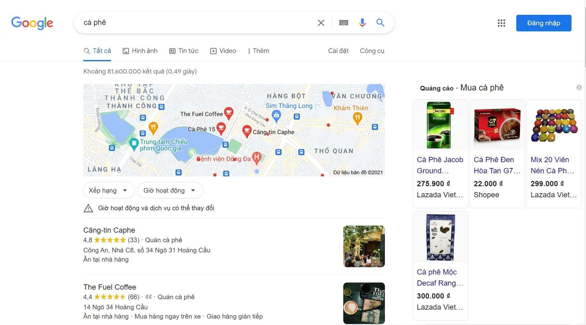 Quảng cáo Google Shopping hiển thị ở cột bên phải trang tìm kiếm
