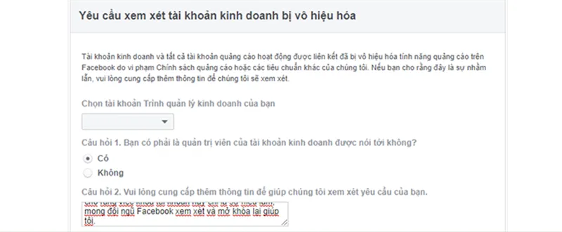 Chọn tài khoản cần kháng nghị
