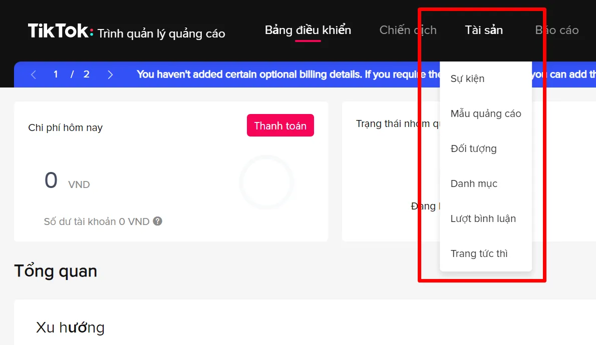 Tab quản lý tài sản trong trình quảng cáo TikTok