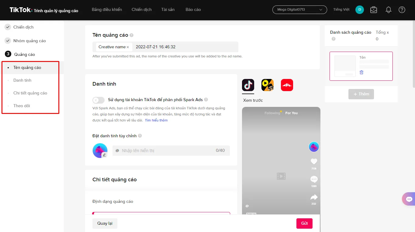 Tải lên video và thiết lập mẫu quảng cáo TikTok