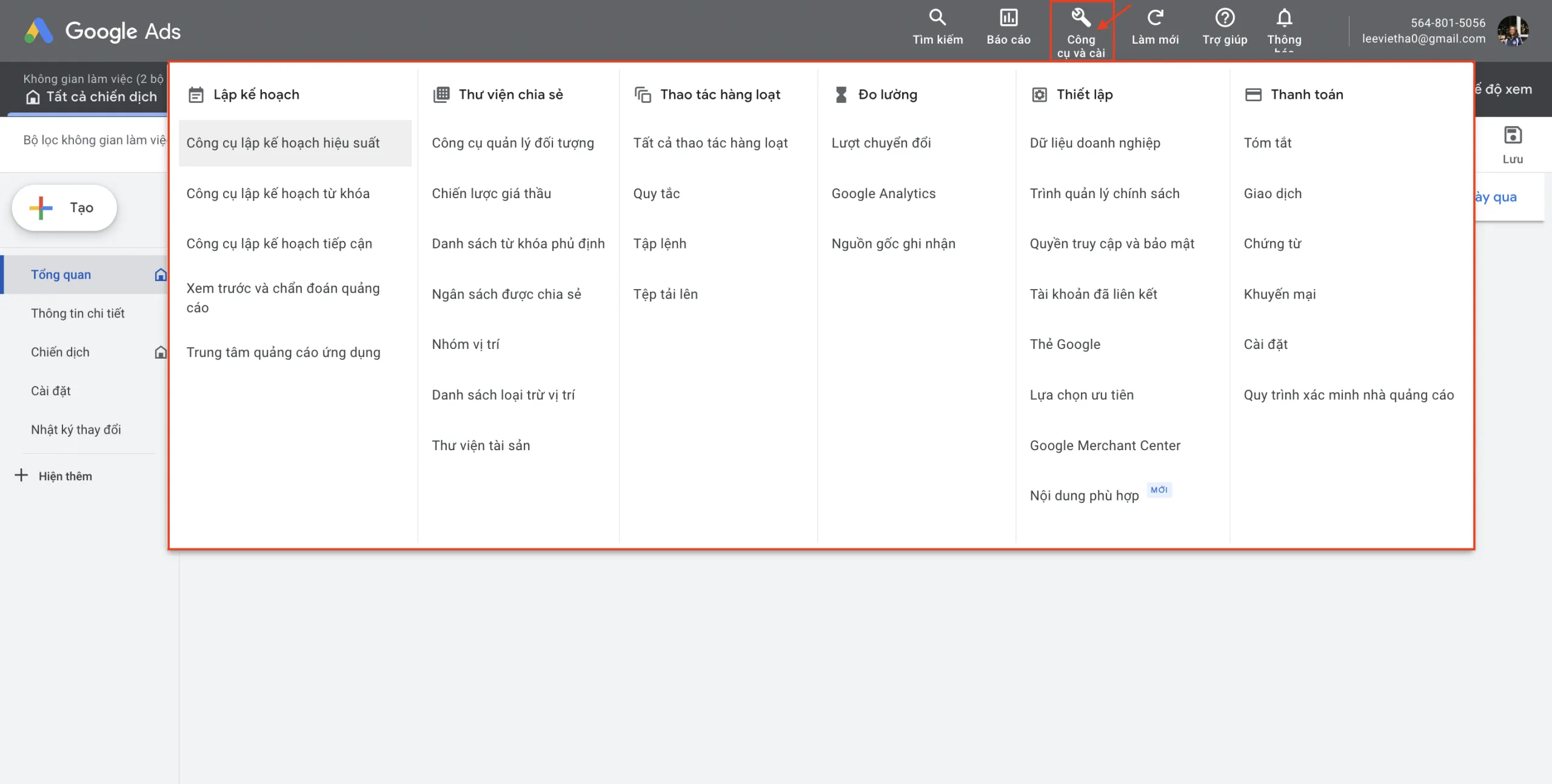Thanh công cụ Google Ads