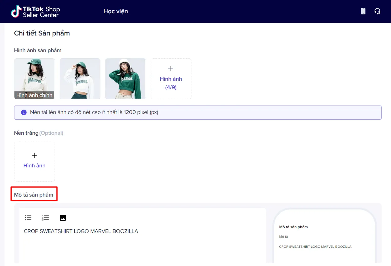 Thông tin sản phẩm trên TikTok Shop