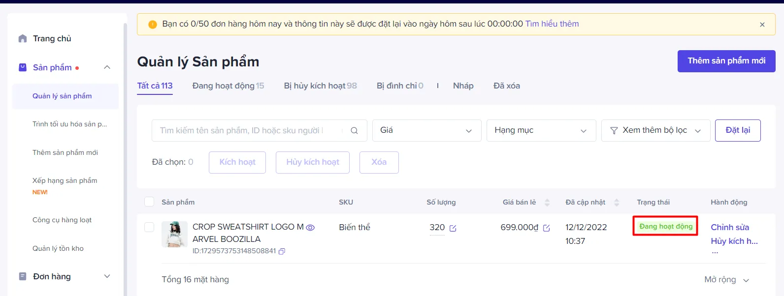 Trạng thái sản phẩm TikTok Shop
