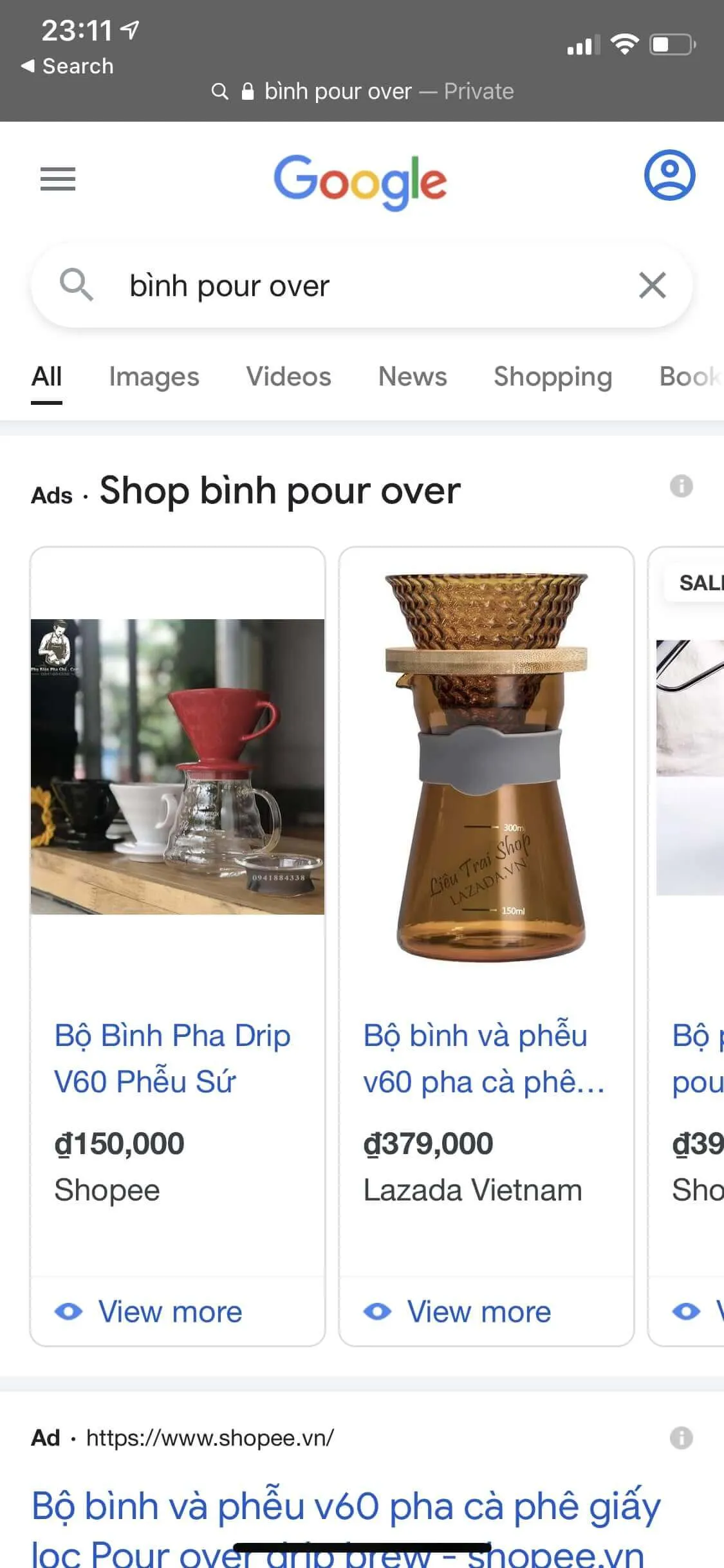 Vị trí hiển thị quảng cáo Google Shopping trên điện thoại ngay dưới thanh tìm kiếm