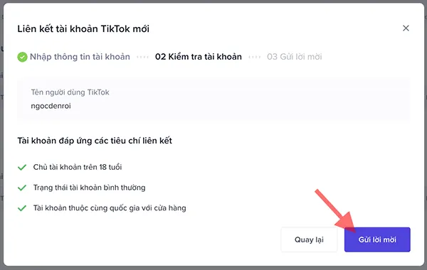 Xác nhận thông tin và gửi lời mời liên kết